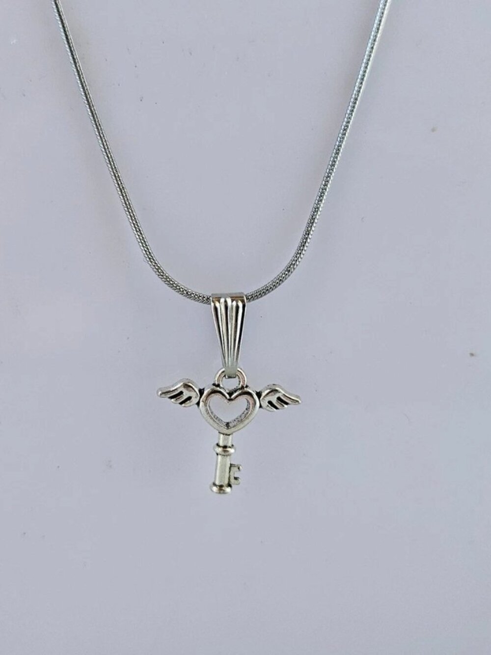 Key with Wing Pendant Necklace Fashion Neck Jewelry Silver Tone Necklace